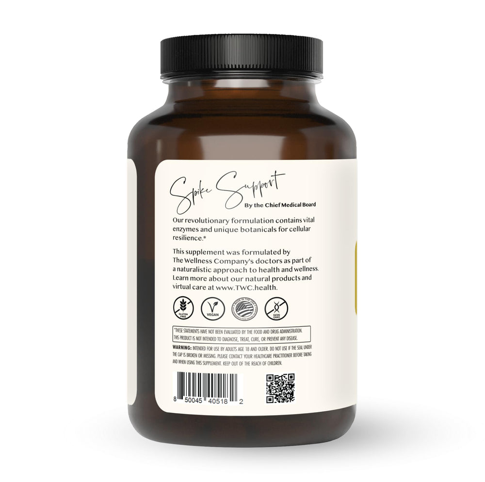 Spike Support capsules close-up featuring nattokinase and dandelion root ingredients.