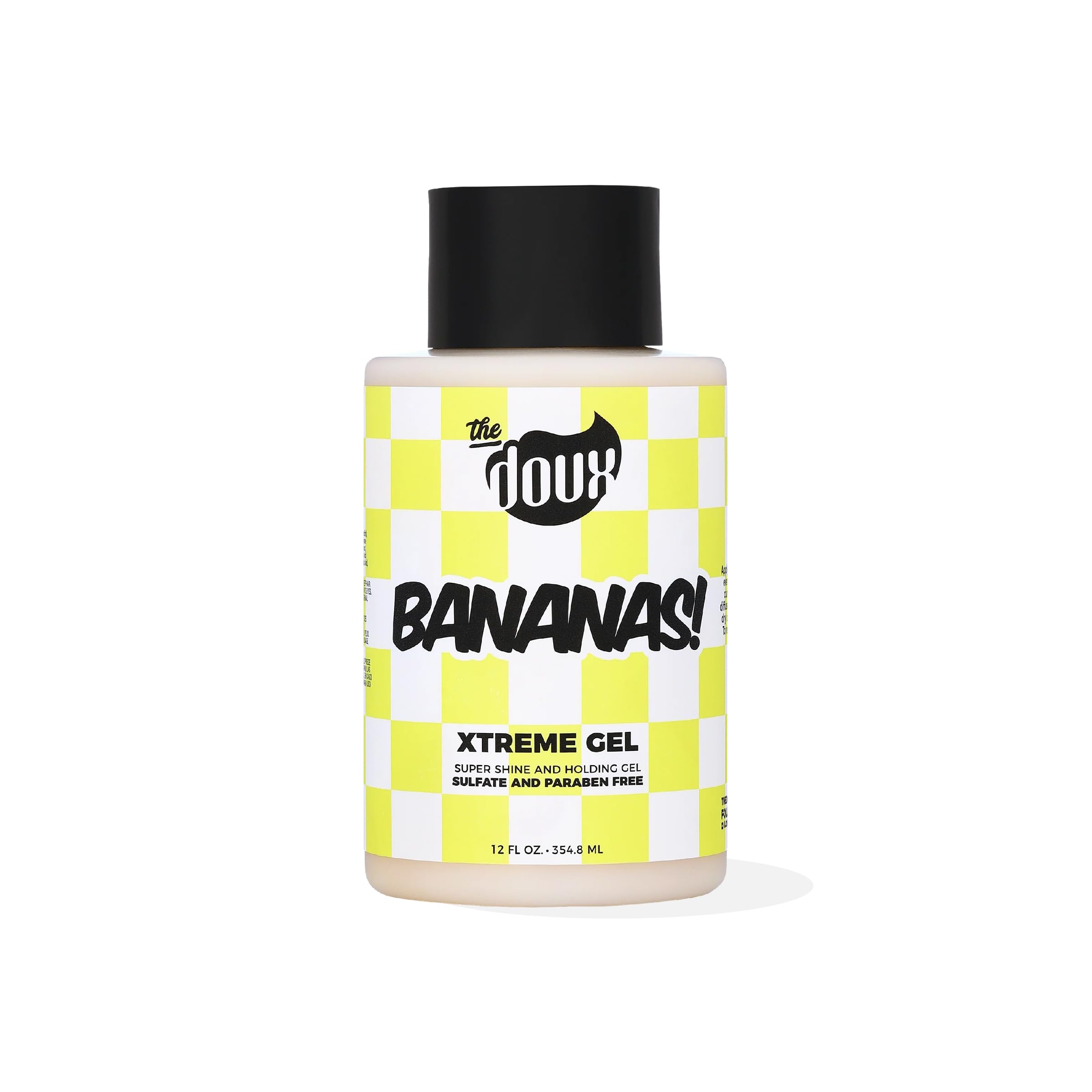 The Doux Bananas Xtreme Hold gel bottle demonstrates long-lasting hold for defined curls.