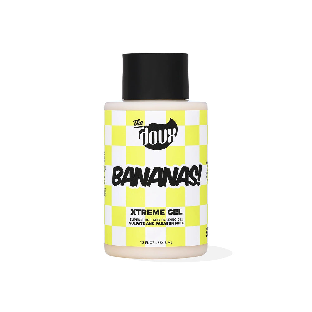 The Doux Bananas Xtreme Hold gel bottle demonstrates long-lasting hold for defined curls.