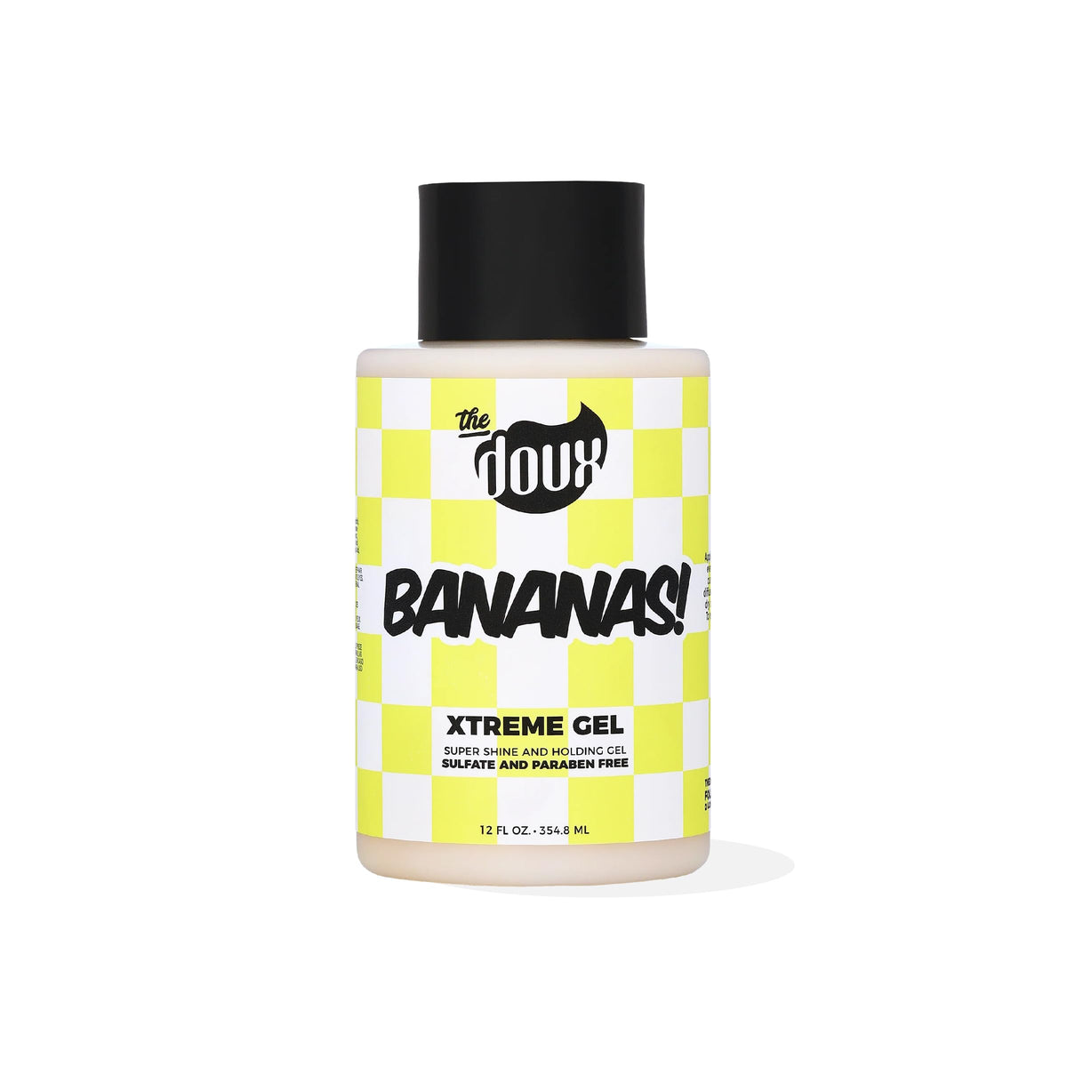 The Doux Bananas Xtreme Hold gel bottle demonstrates long-lasting hold for defined curls.