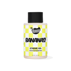 The Doux Bananas Xtreme Hold gel bottle demonstrates long-lasting hold for defined curls.