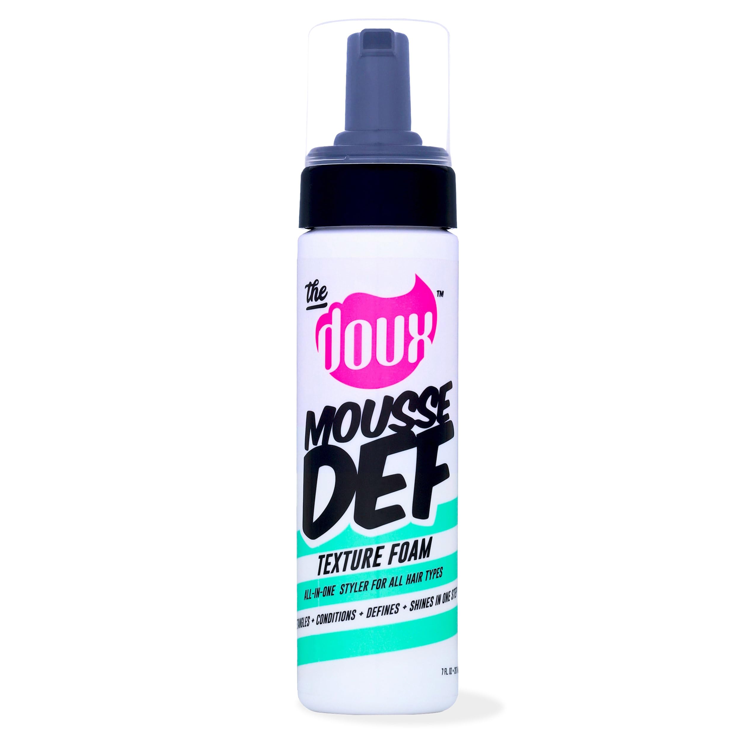 The Doux Curly-Definition Mousse bottle demonstrates flexible hold for defined curls.