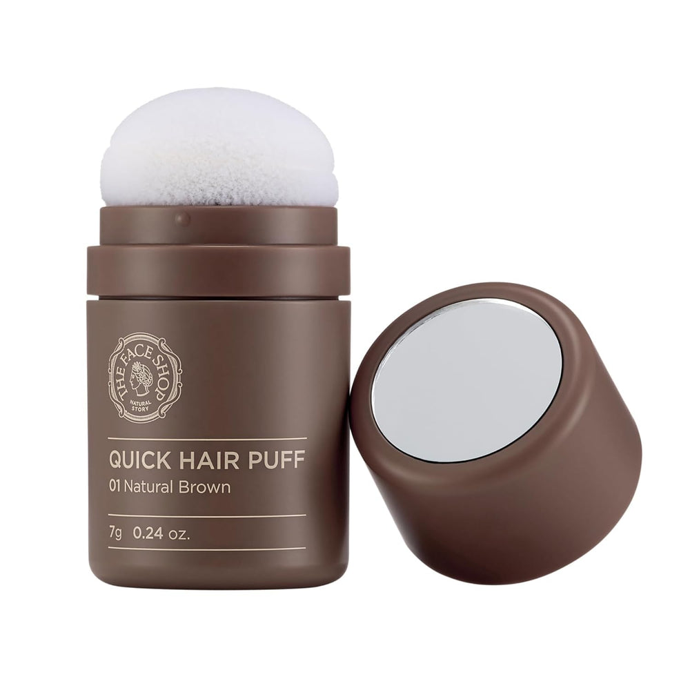 The Face Shop Quick Hair Puff in Natural Brown showing root touch-up for a defined hairline
