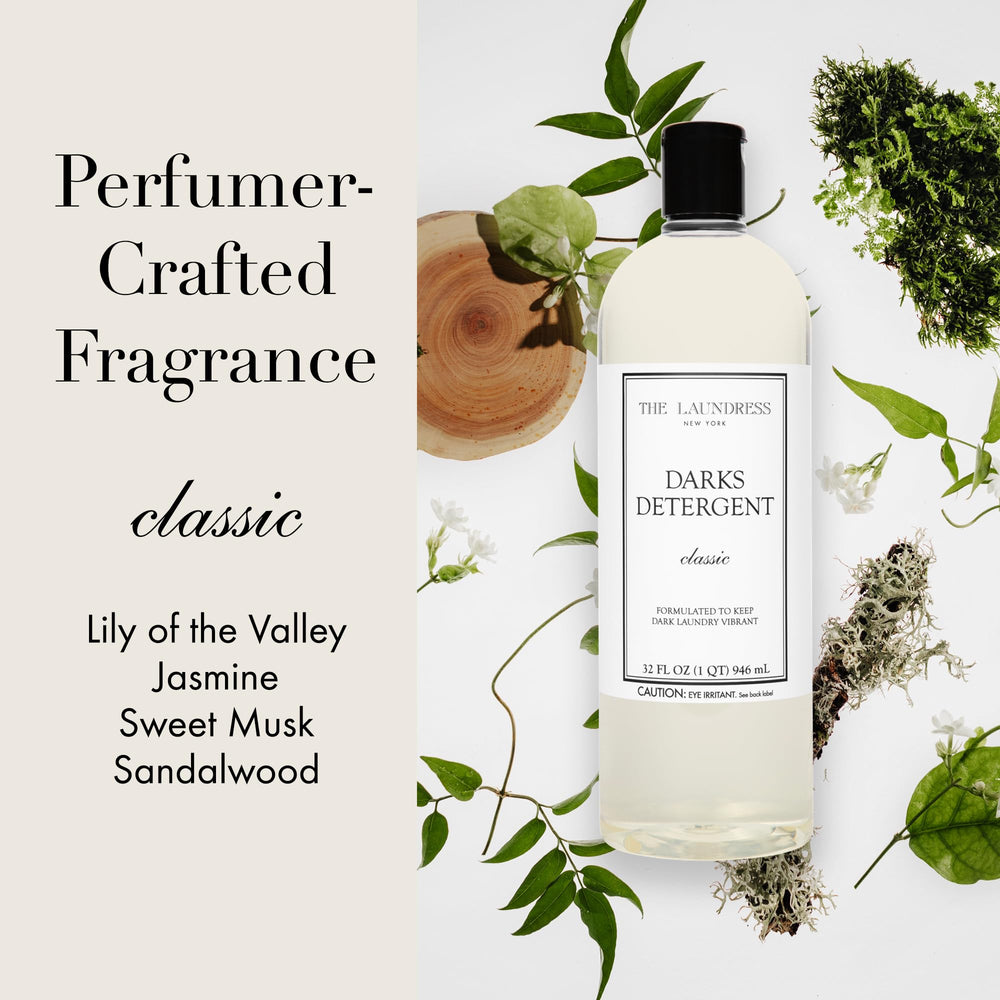 The Laundress Darks Detergent 32oz packaging emphasizing lightweight, easy dosing