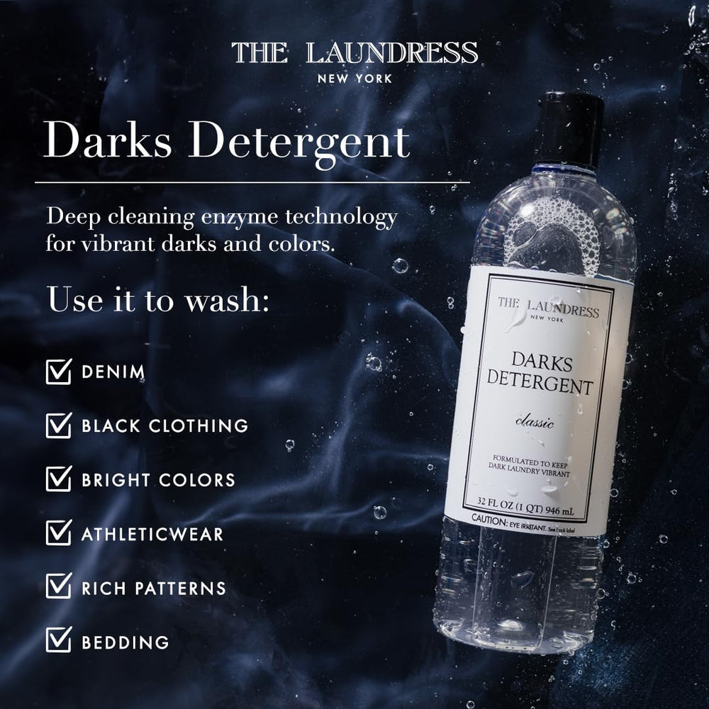 Close-up of The Laundress Darks Detergent liquid formula highlighting bio-based cleaning power