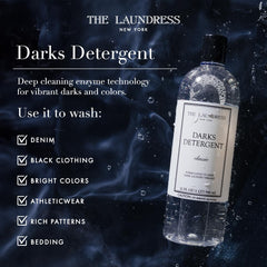 Close-up of The Laundress Darks Detergent liquid formula highlighting bio-based cleaning power
