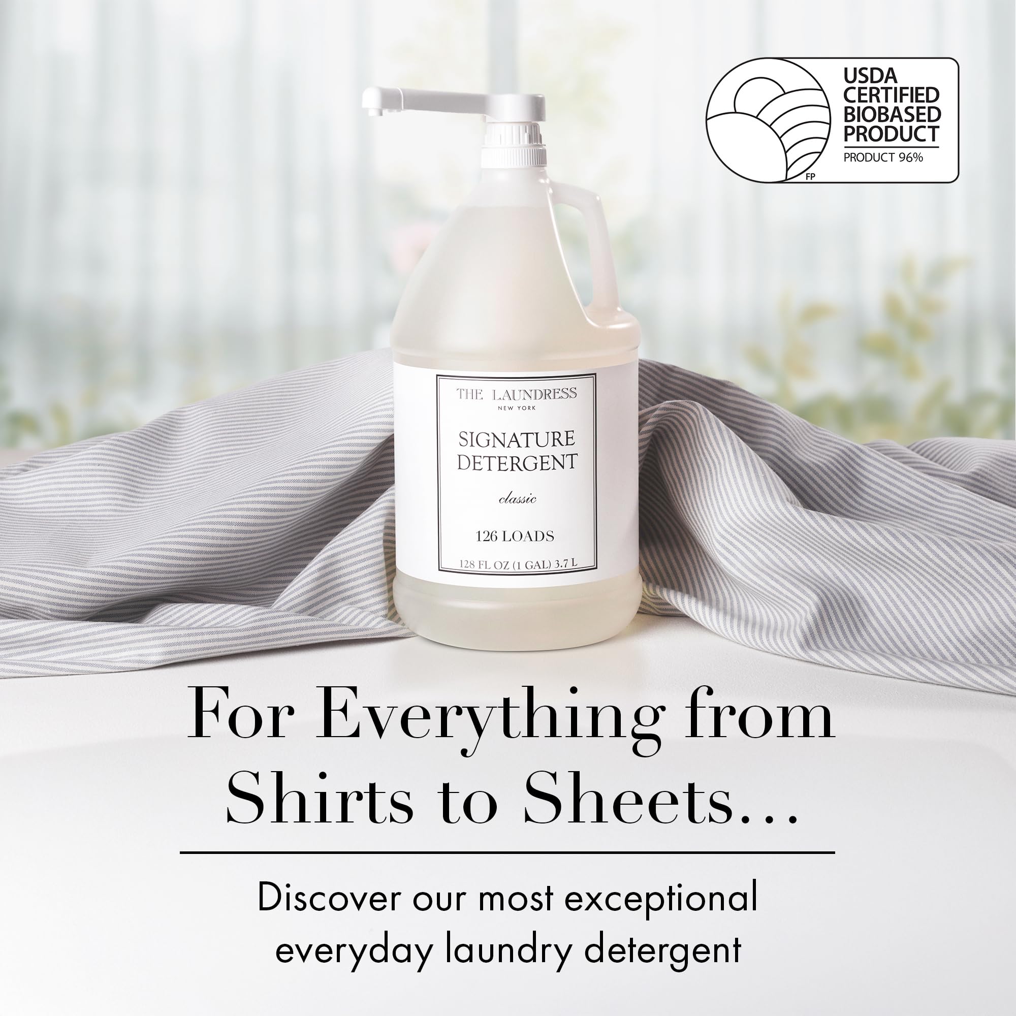 The Laundress Signature Classic fragrance bottle shows a timeless scent on fabrics after washing.