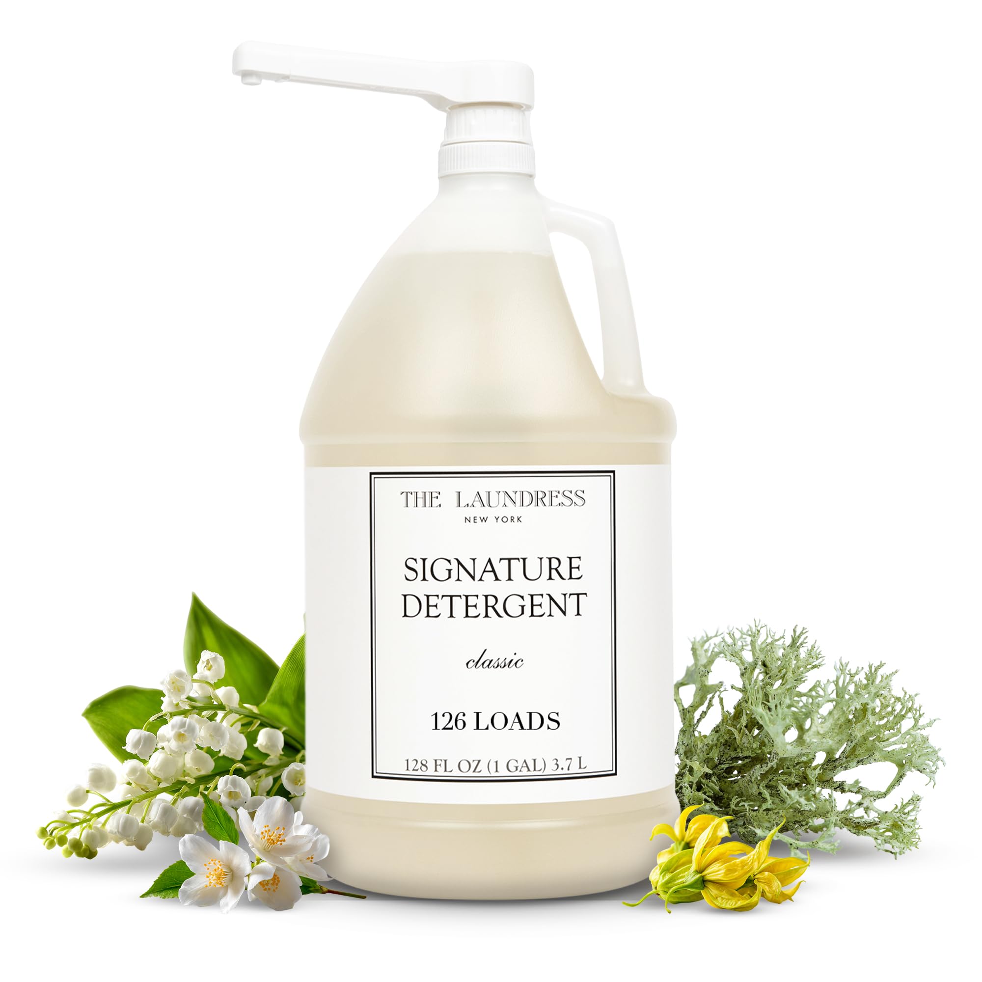 The Laundress Signature detergent gallon with pump enables easy dosing and high-capacity cleaning.