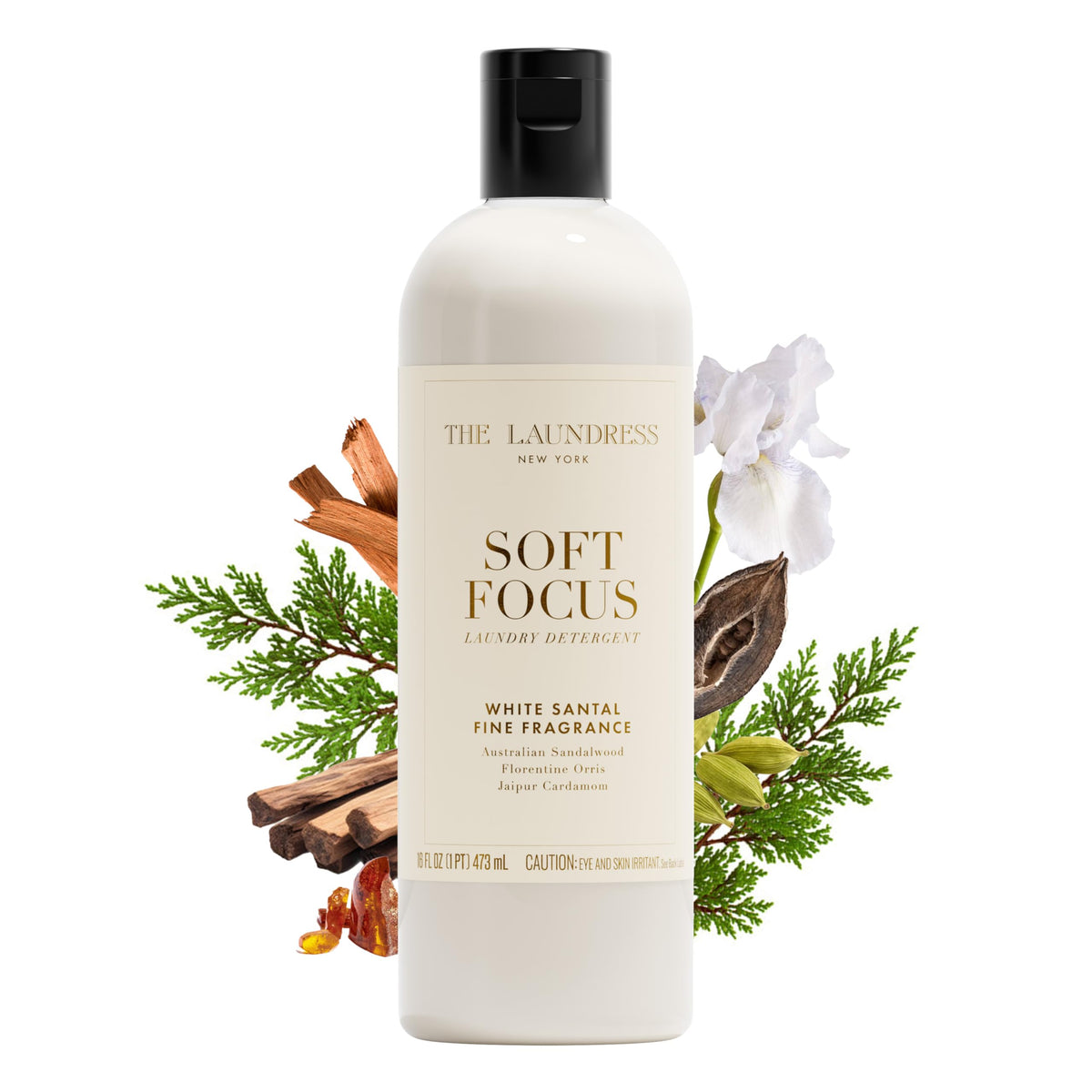 The Laundress Soft Focus bottle pours, releasing long lasting White Santal fragrance.