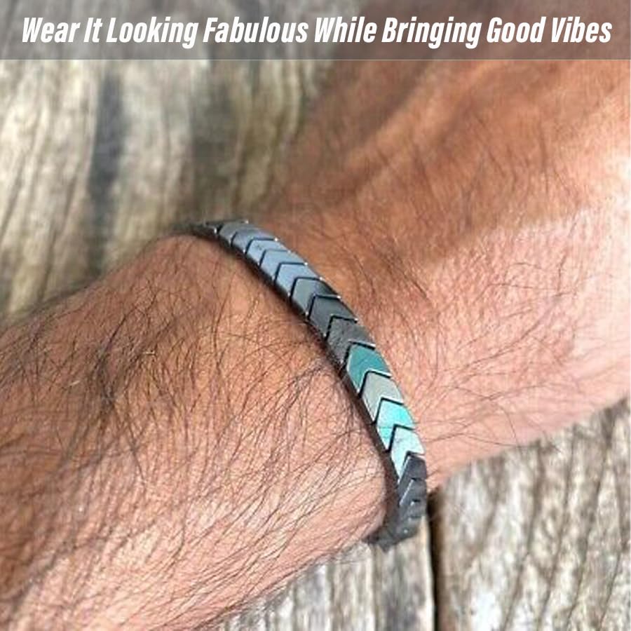Closeup of hematite beads on Themerol Arrows Bracelet with protective coating