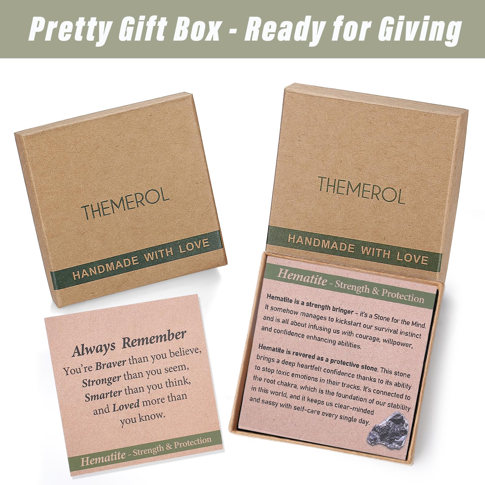 Meaning card included with Themerol Hematite Arrows Bracelet featuring bravery message