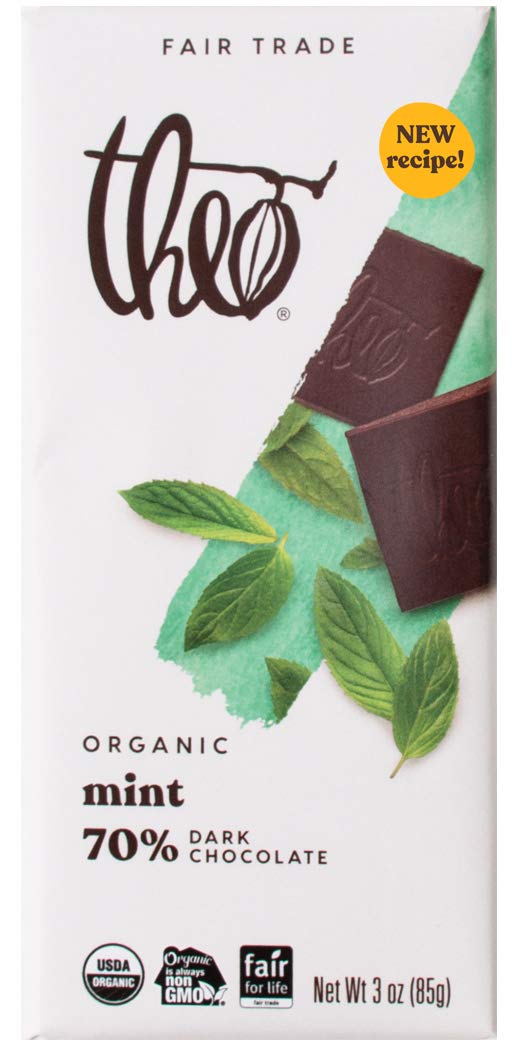 THEO Mint Organic Dark Chocolate Bar 3oz with peppermint notes and smooth 70% cacao