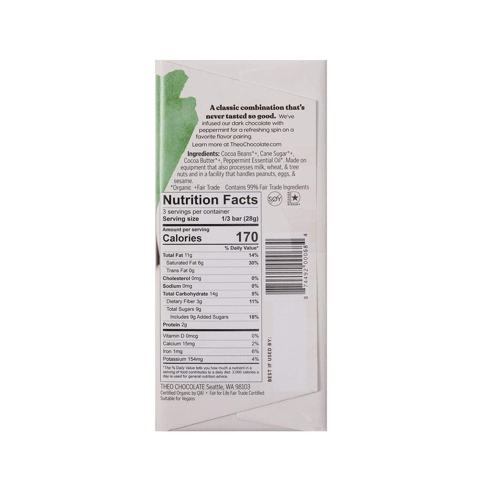 THEO Mint packaging highlighting Fair Trade certification and organic ingredients
