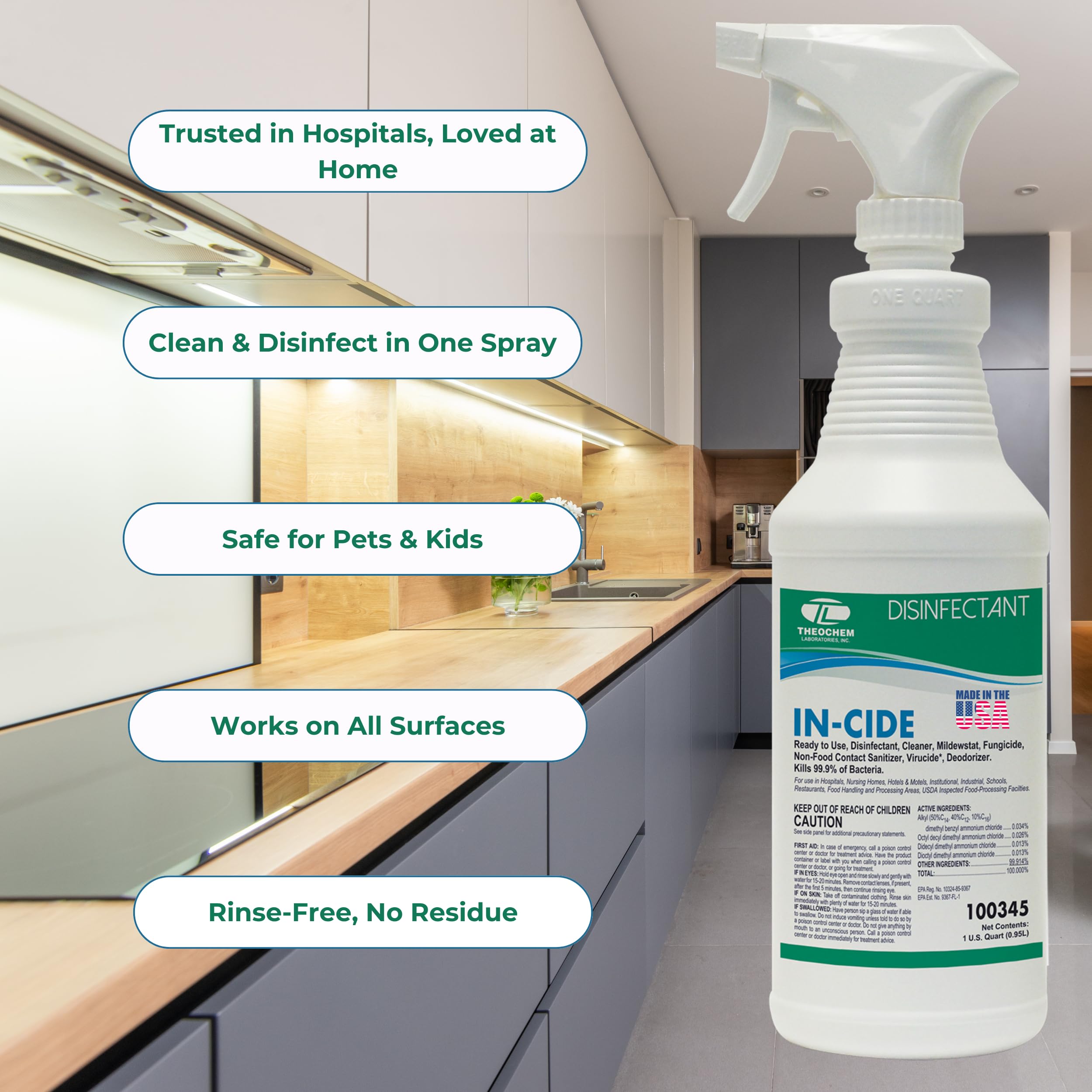 Doorknob being treated with Theochem In-Cide for high-touch surface disinfection.