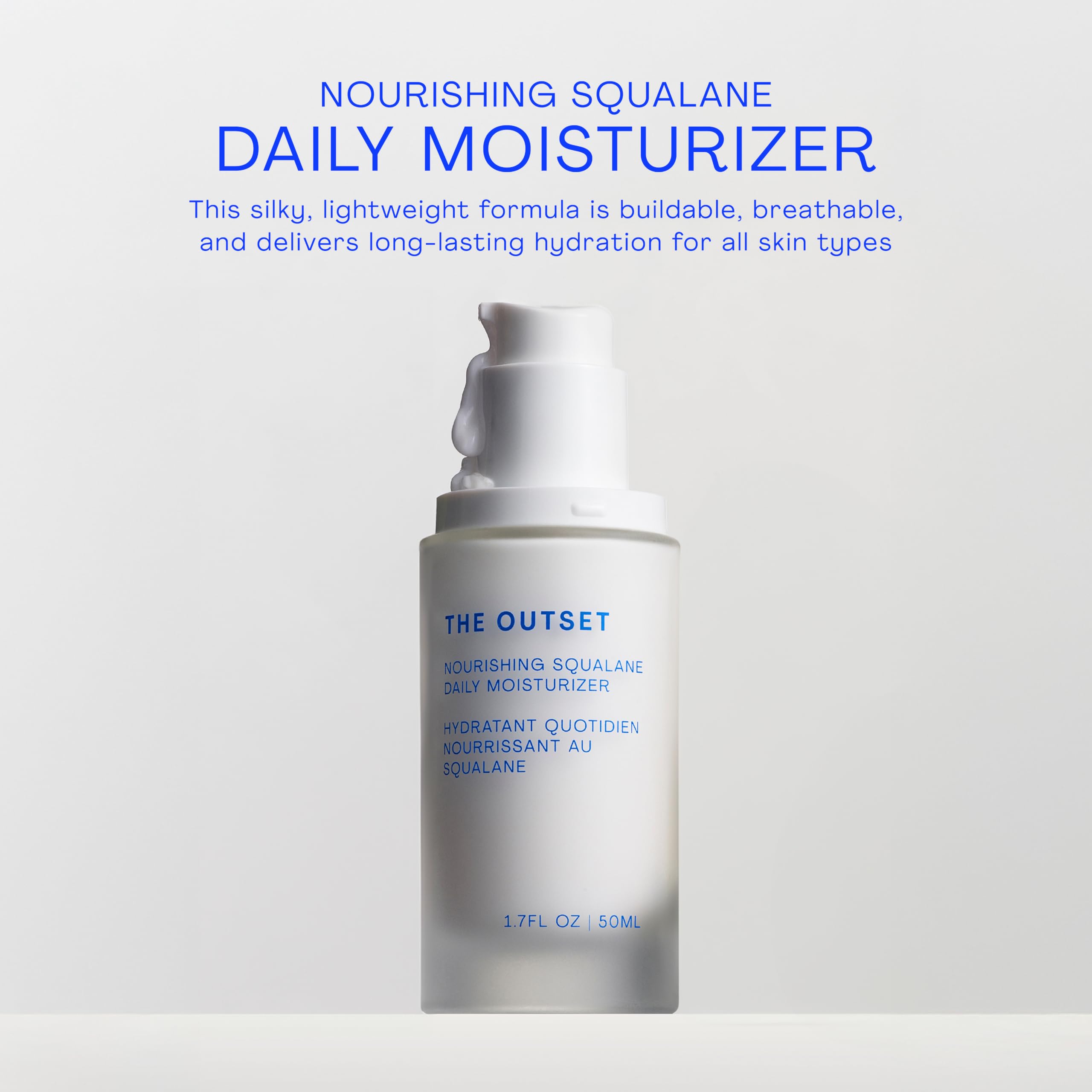 The Outset Squalane moisturizer texture closeup highlights silky, fast-absorbing hydration for all skin types.