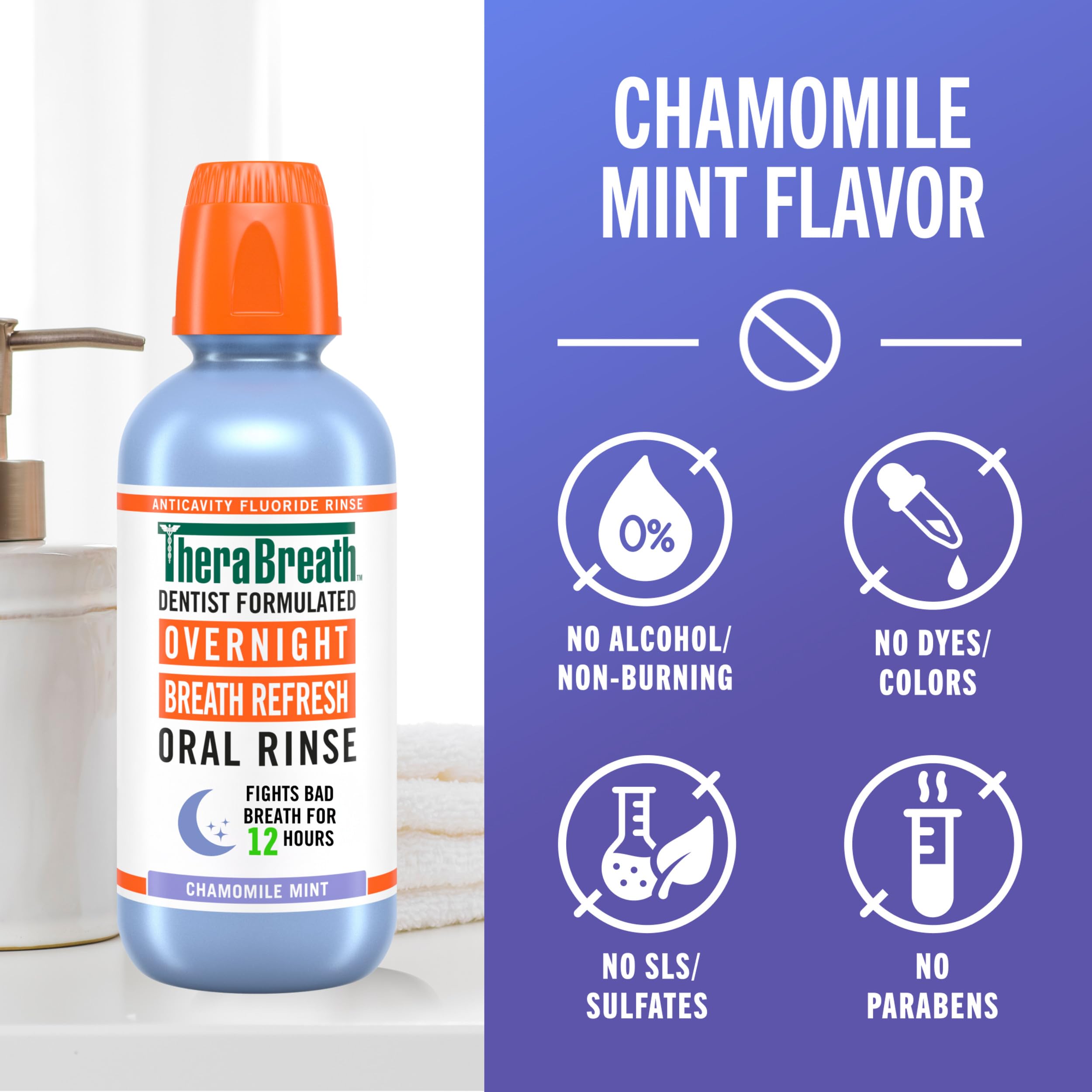 Alcohol free formula of TheraBreath Overnight Mouthwash described as gentle and dye free