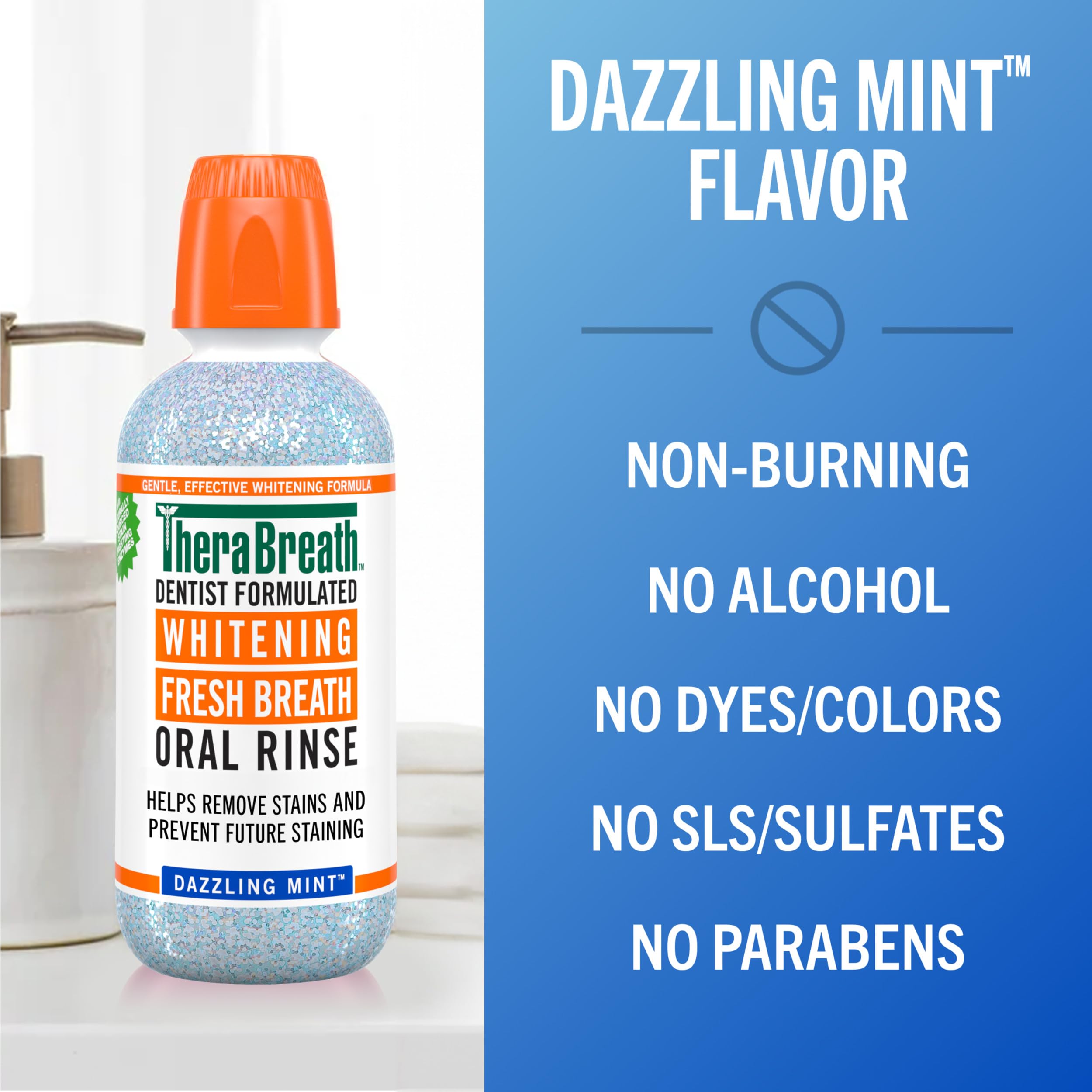 Daily oral care routine setup featuring TheraBreath mouthwash