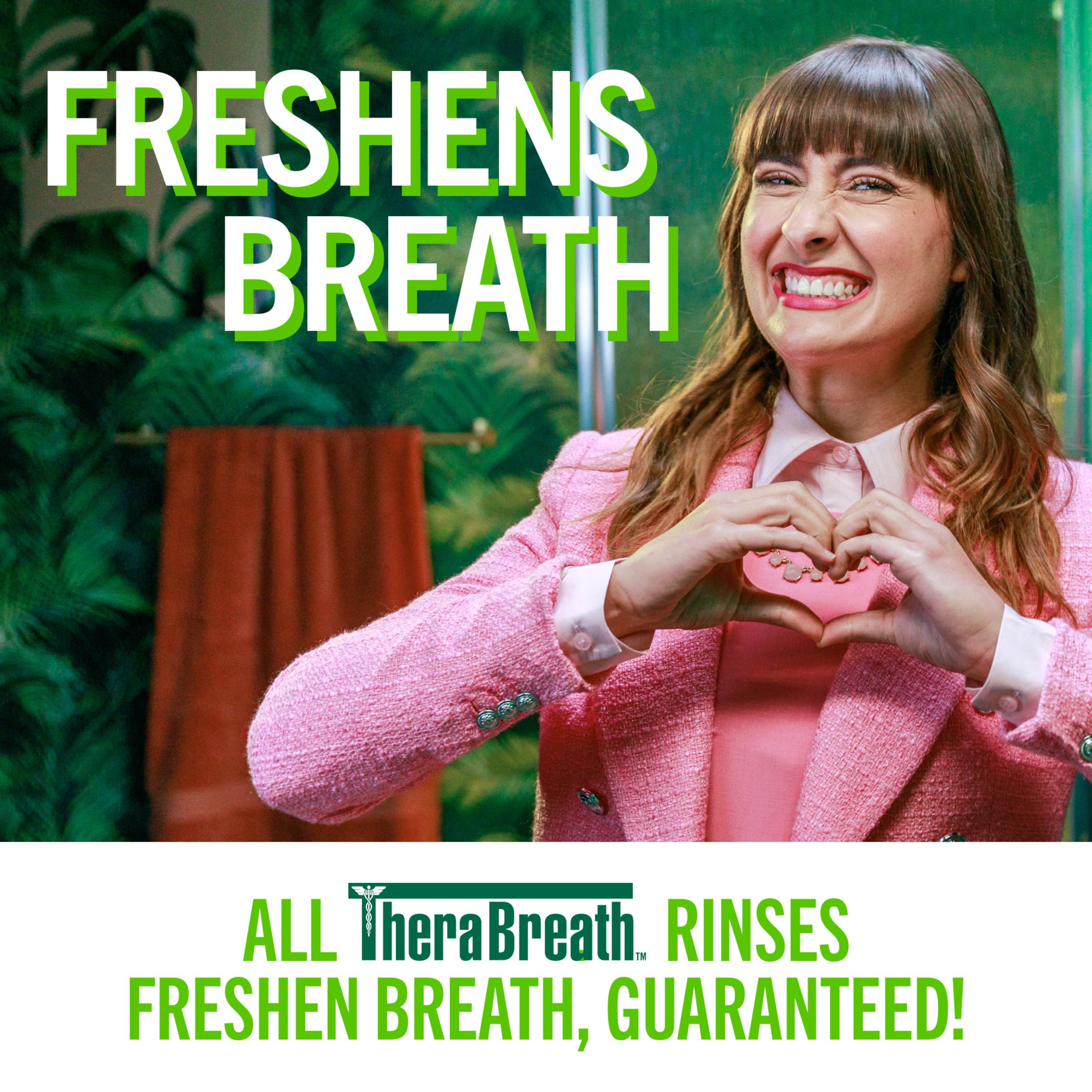 Daily oral care routine with TheraBreath 1-liter bottle on counter