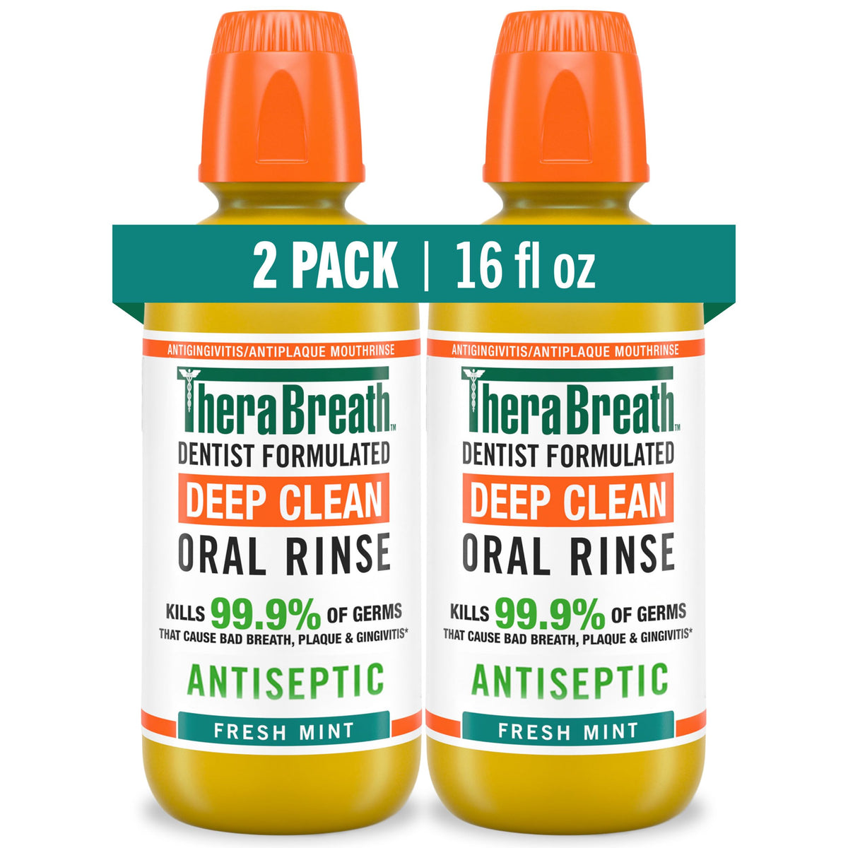 Bottle of TheraBreath Deep Clean Mouthwash with alcohol-free antiseptic formula for fresh breath.