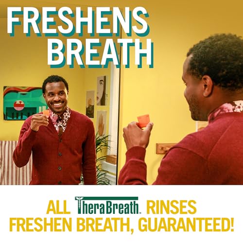 Daily-use scene showing twice-daily rinsing with TheraBreath Deep Clean Mouthwash.