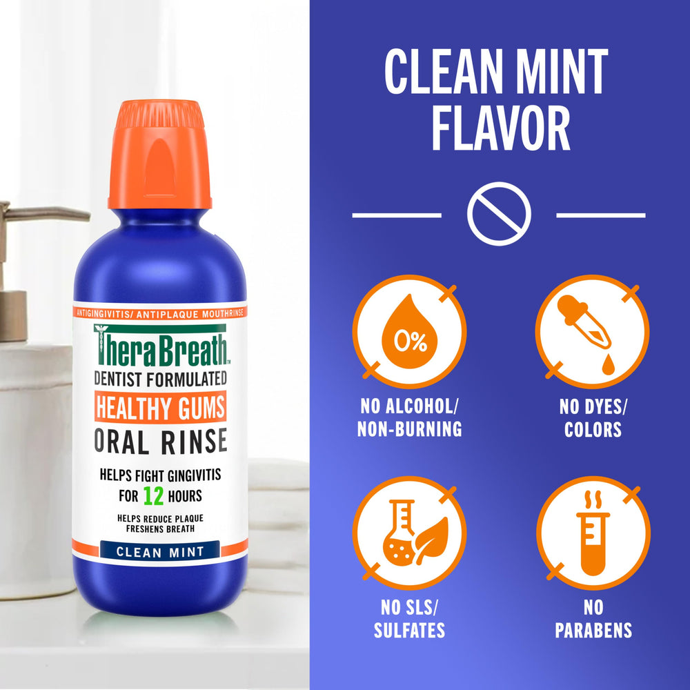 Holding the TheraBreath bottle emphasizes a 1 liter size for long use.