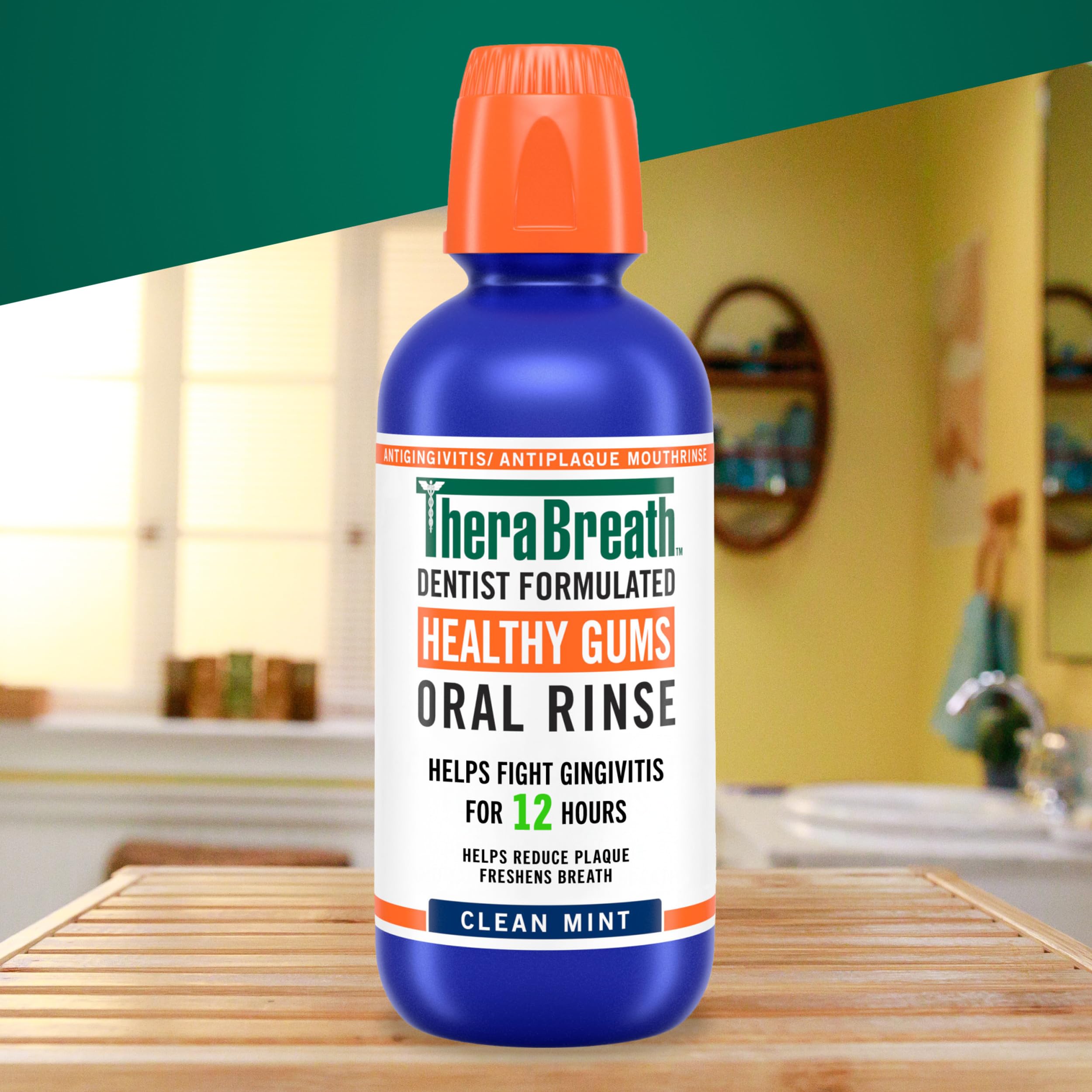 Dentist-formulated badge on TheraBreath Rinse signals clinical inspiration for gum care.