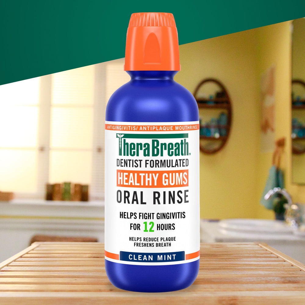 Dentist-formulated badge on TheraBreath Rinse signals clinical inspiration for gum care.