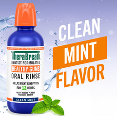 TheraBreath Healthy Gums Rinse label front highlighting alcohol-free, vegan-friendly formula.