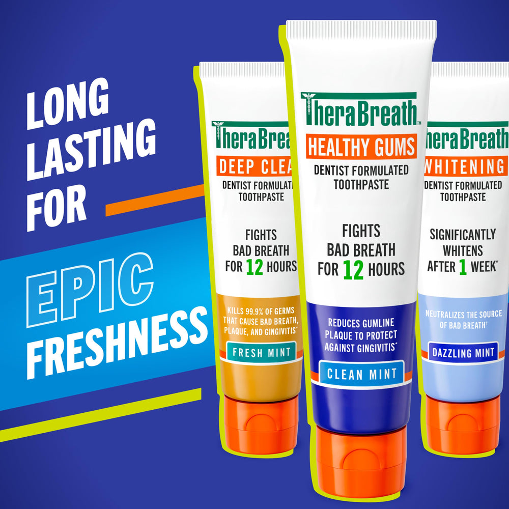 TheraBreath Healthy Gums toothpaste tube close-up showing mint flavor and seal.