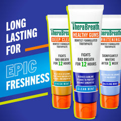 TheraBreath Healthy Gums toothpaste tube close-up showing mint flavor and seal.