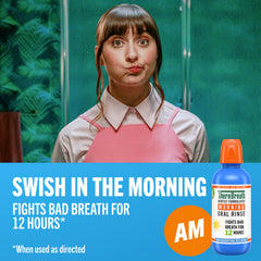 TheraBreath Morning Rinse icy mint flavor for a refreshed start.