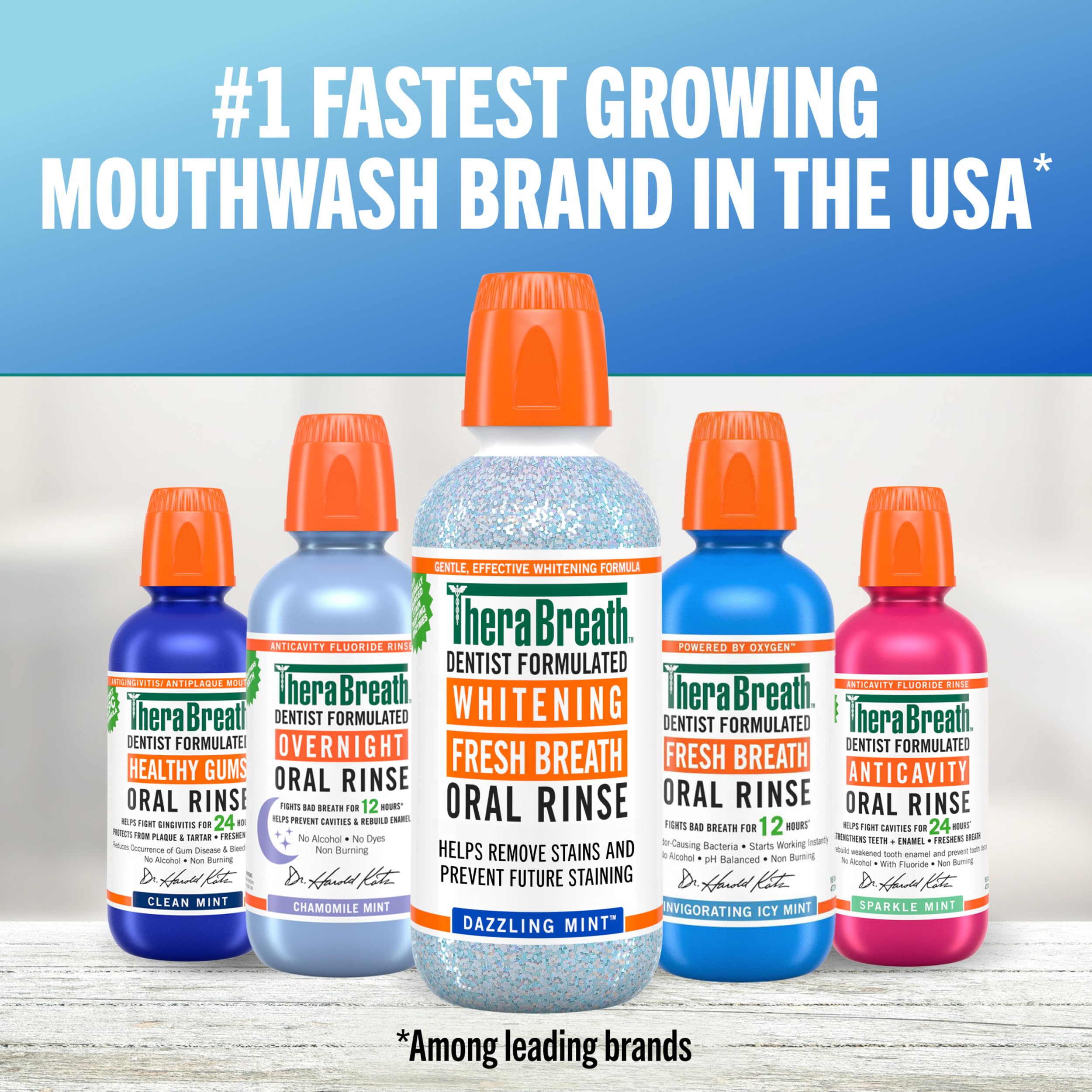 Closeup of TheraBreath mouthwash delivering immediate fresh breath