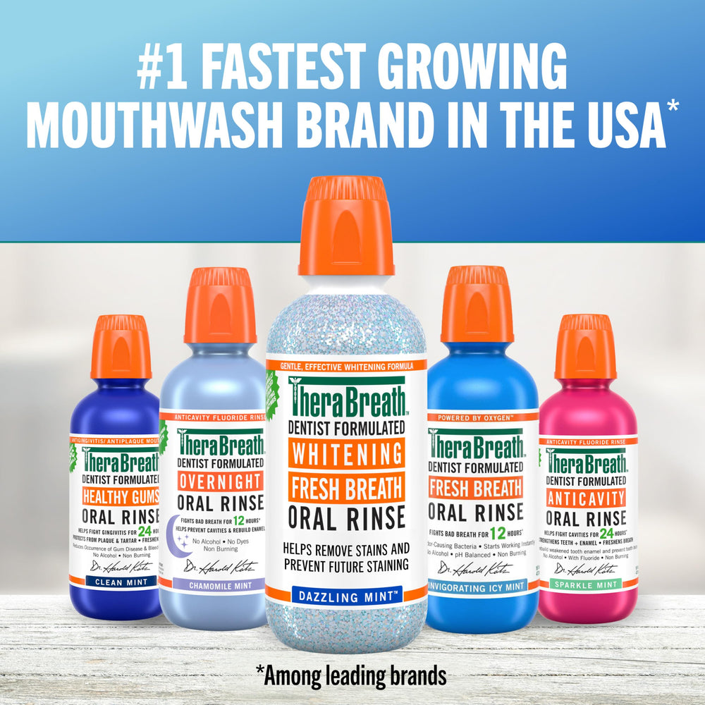 Closeup of TheraBreath mouthwash delivering immediate fresh breath