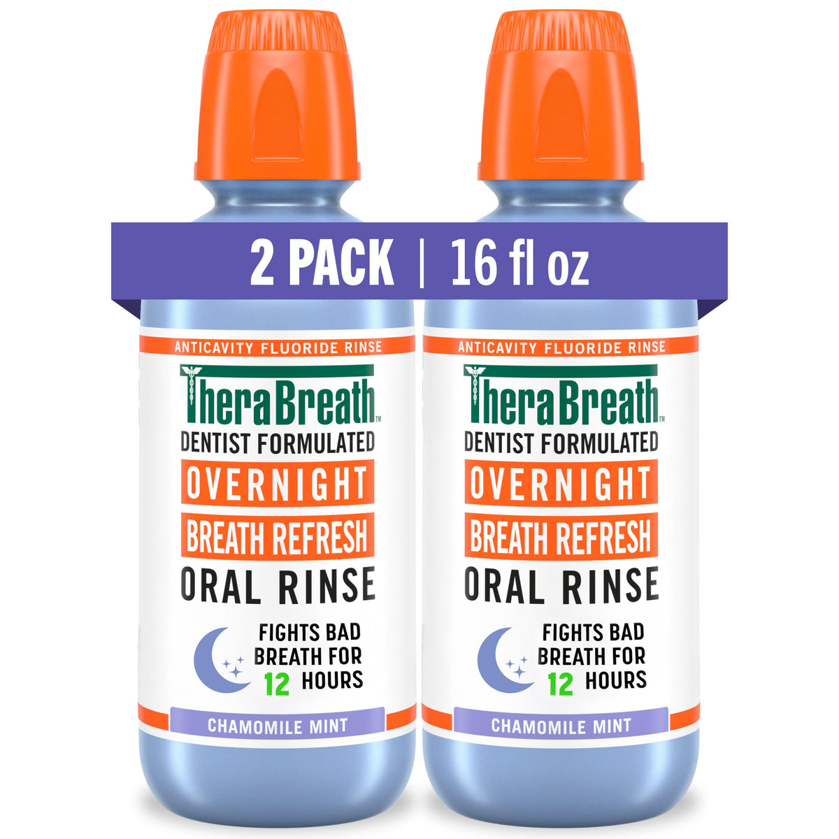 TheraBreath Overnight Mouthwash bottle highlights chamomile mint flavor for a soothing nightly rinse