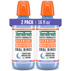 TheraBreath Overnight Mouthwash bottle highlights chamomile mint flavor for a soothing nightly rinse