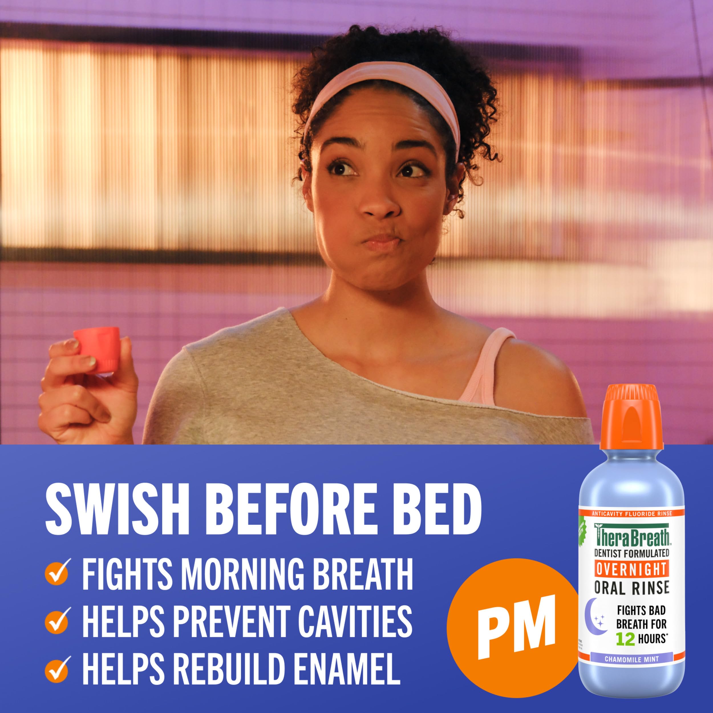 TheraBreath Overnight Rinse chamomile mint flavor supports enamel health.