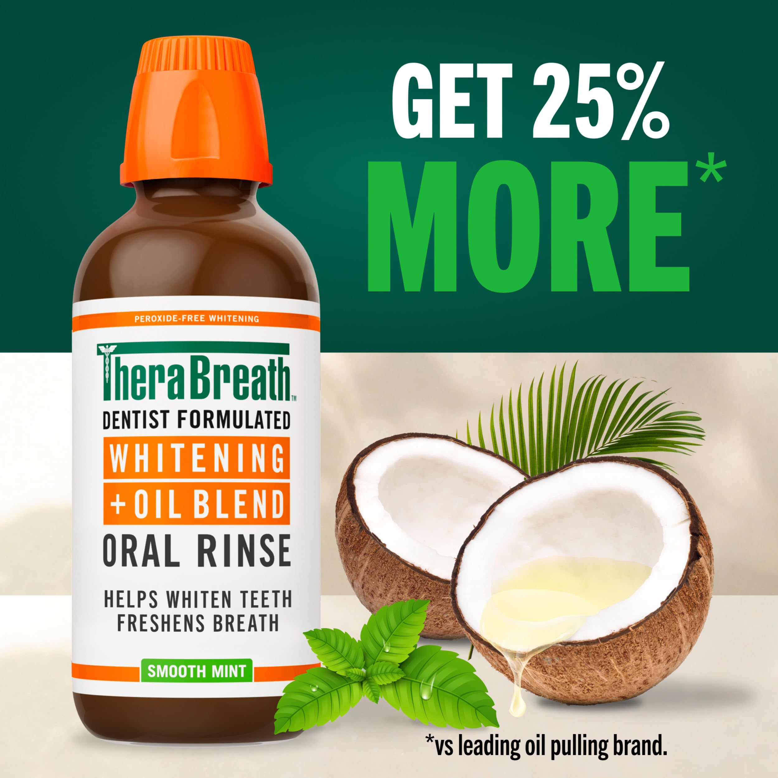 TheraBreath bottle highlights plant-based enzymes aiding whitening.