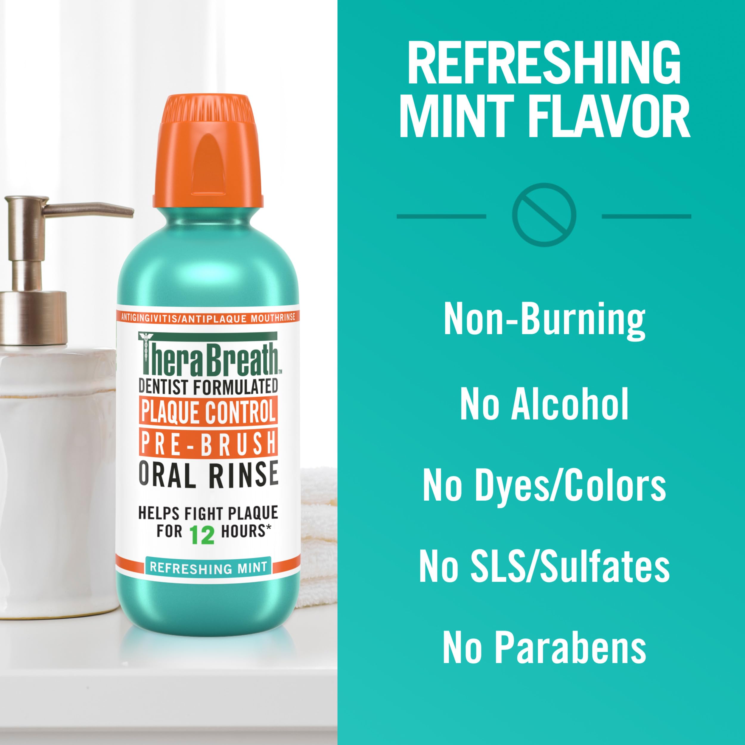 TheraBreath Plaque Control anti-gingivitis graphic highlights gum-friendly rinse