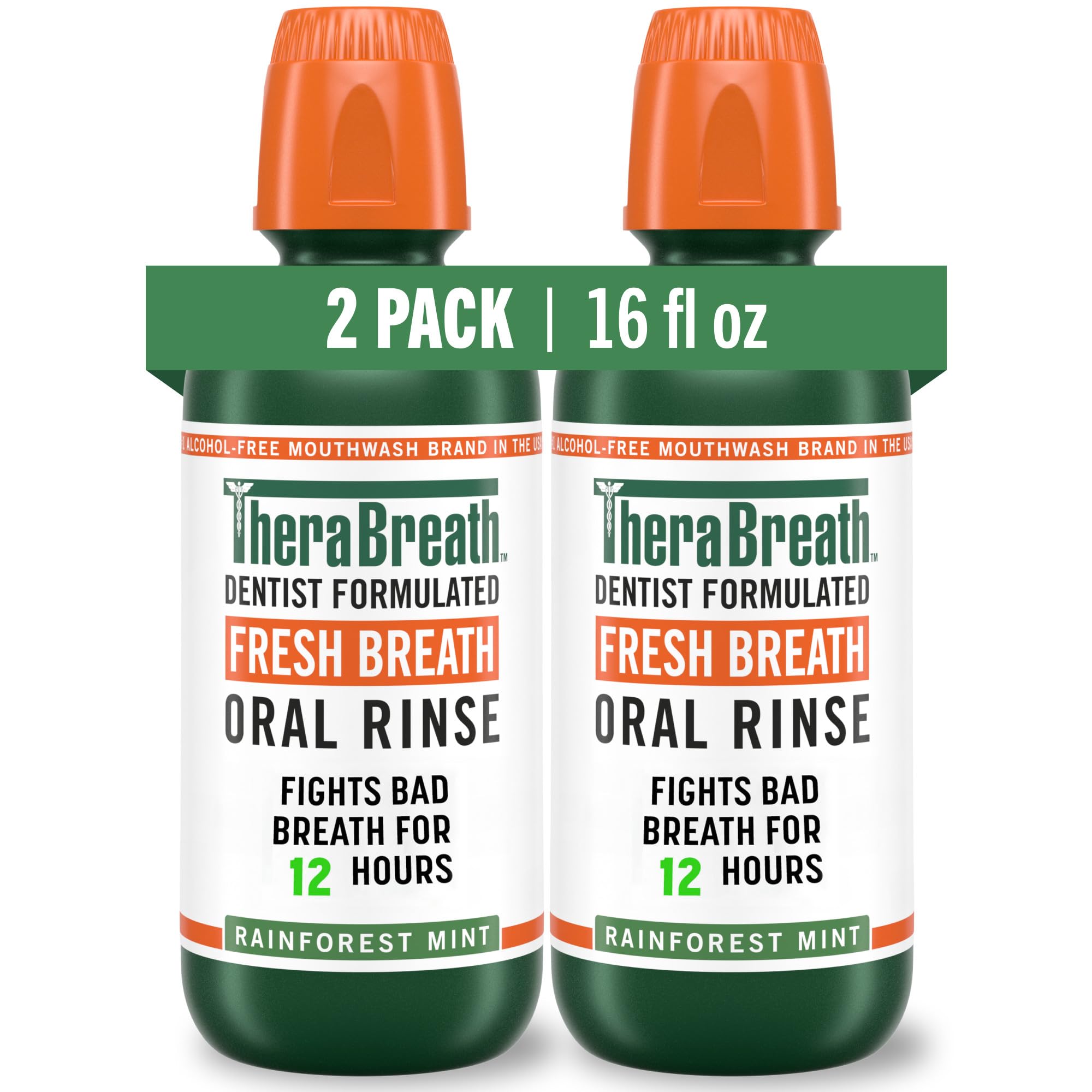 TheraBreath Rainforest Mint bottle on bathroom shelf for long-lasting freshness.