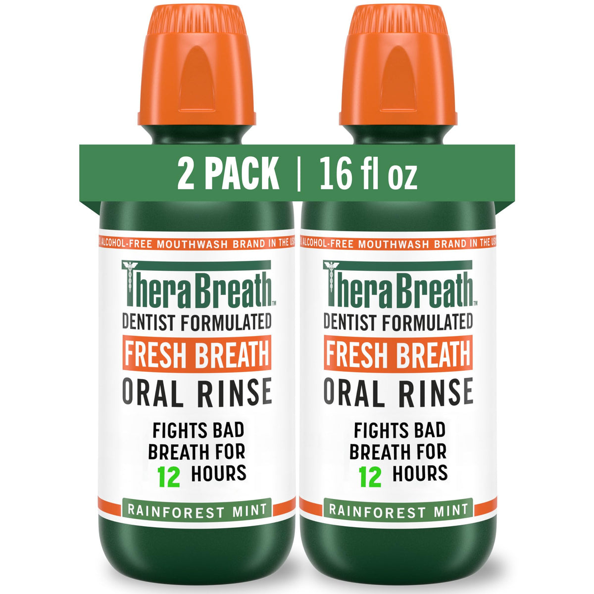 TheraBreath Rainforest Mint bottle on bathroom shelf for long-lasting freshness.