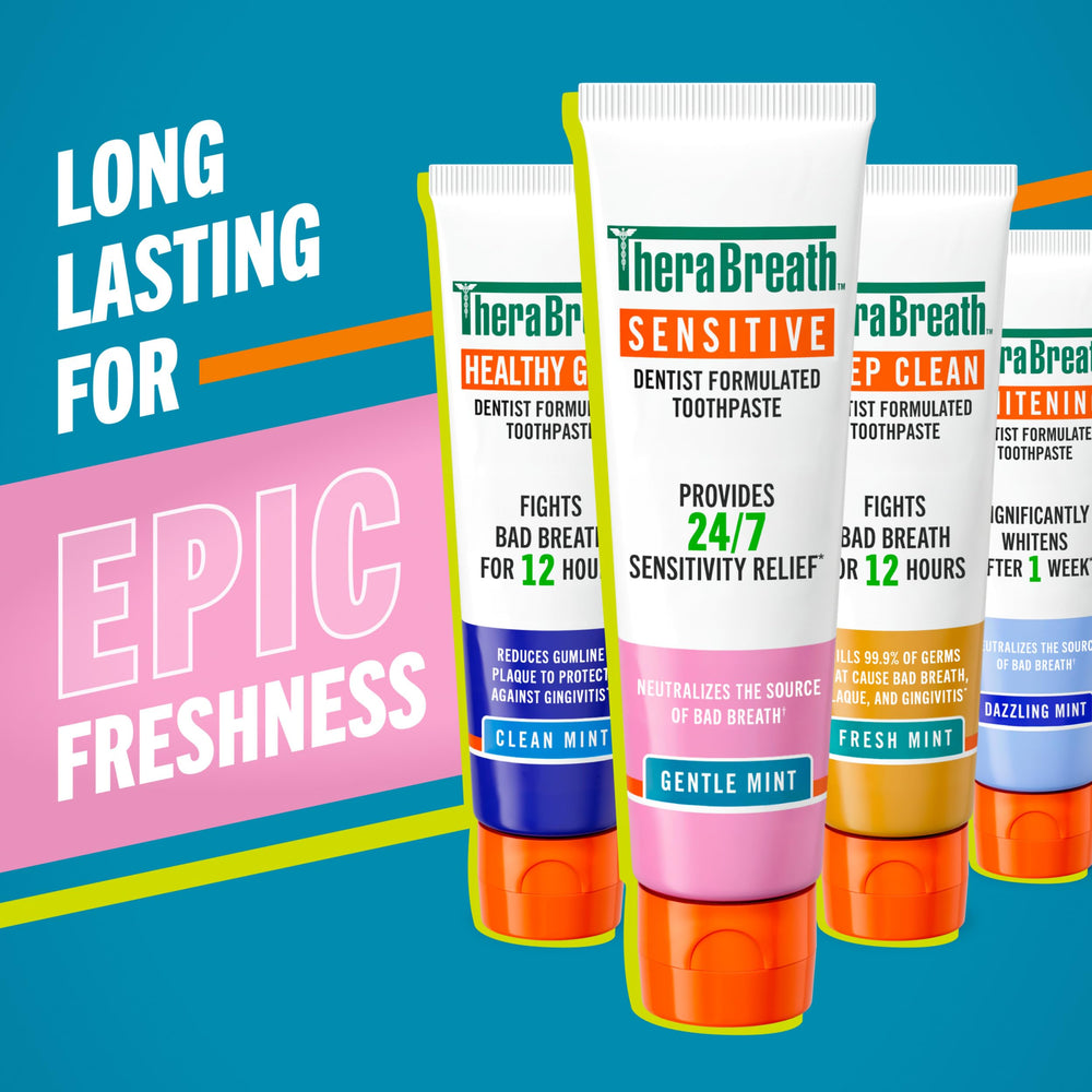 TheraBreath Sensitive Toothpaste tube closeup shows Gentle Mint flavor for fresh breath