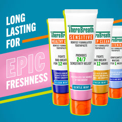 TheraBreath Sensitive Toothpaste tube closeup shows Gentle Mint flavor for fresh breath