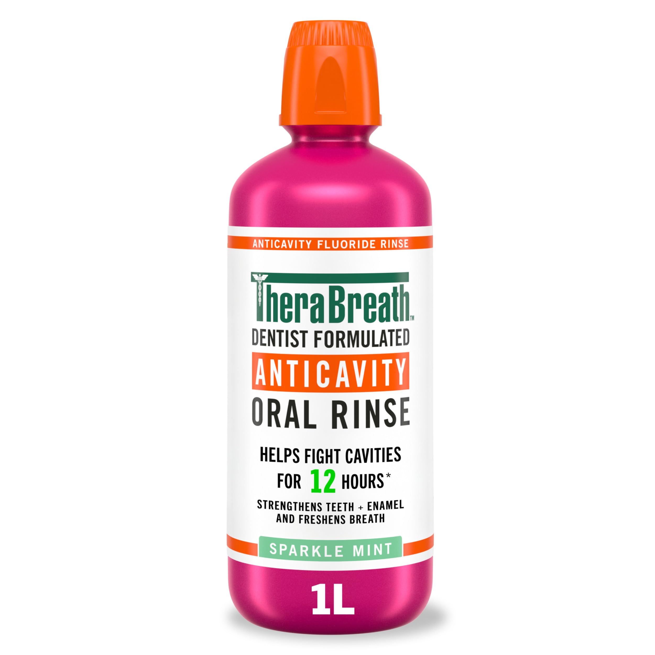 TheraBreath Sparkle Mint bottle front view showing enamel support and fresh breath benefits