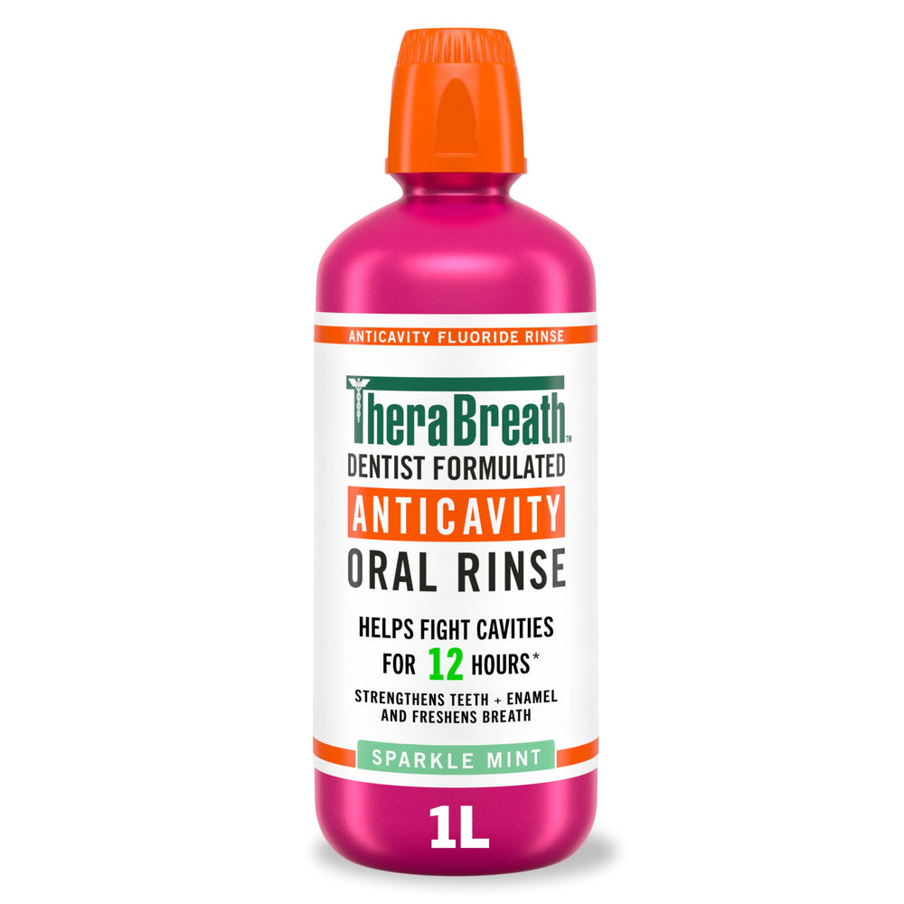 TheraBreath Sparkle Mint bottle front view showing enamel support and fresh breath benefits