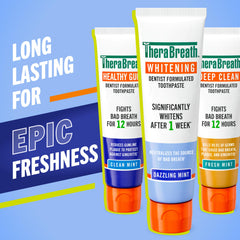 TheraBreath enamel-safe toothpaste close-up showing peroxide-free whitening action.