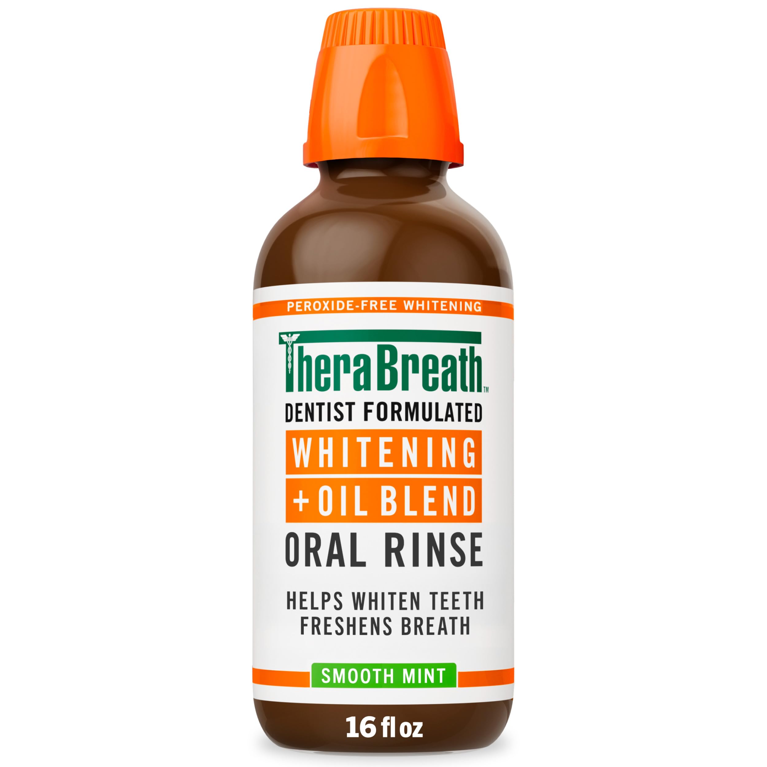 TheraBreath Whitening + Oil Blend bottle for peroxide-free whitening.