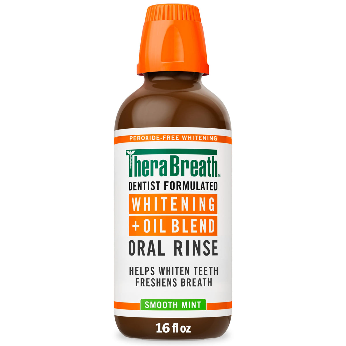 TheraBreath Whitening + Oil Blend bottle for peroxide-free whitening.