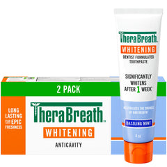 TheraBreath Whitening Toothpaste two-pack with dazzling mint for bright, fresh smiles.