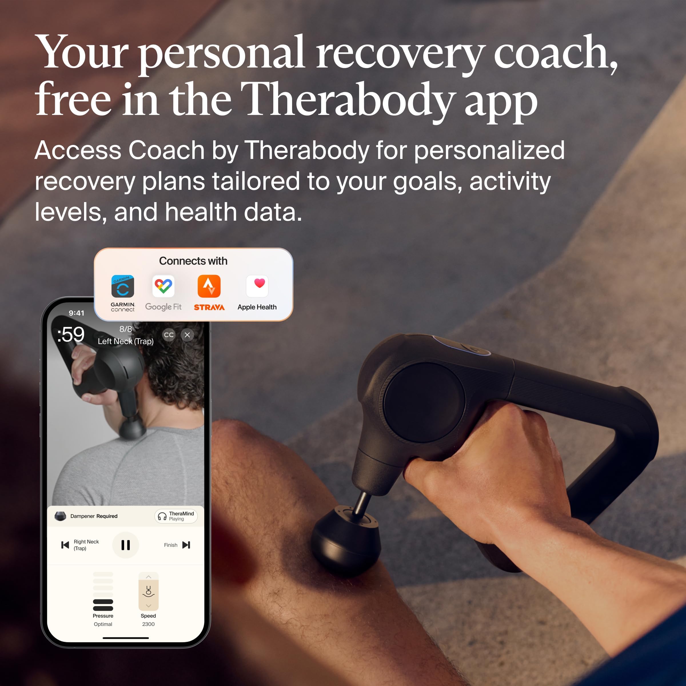 Theragun Prime connects via Bluetooth for guided routines and personalized recovery plans.