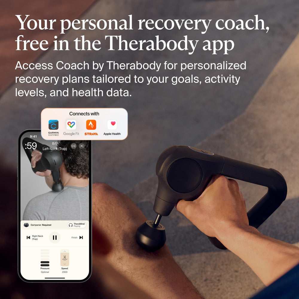 Theragun Prime connects via Bluetooth for guided routines and personalized recovery plans.